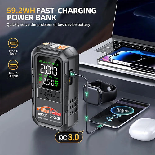 Auxiliar de Partida 4 em 1 Zyvena com Compressor de Ar e Power Bank